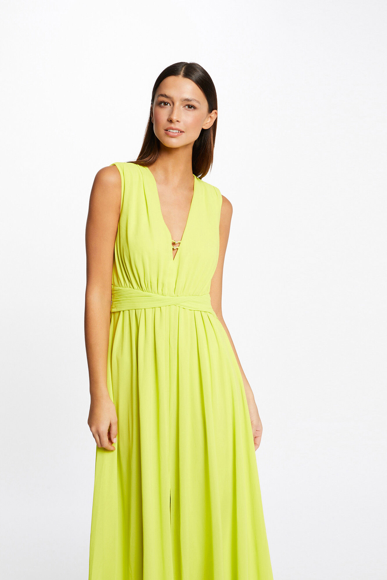 Vestido longo com boca de sino e abertura - Amarelo
