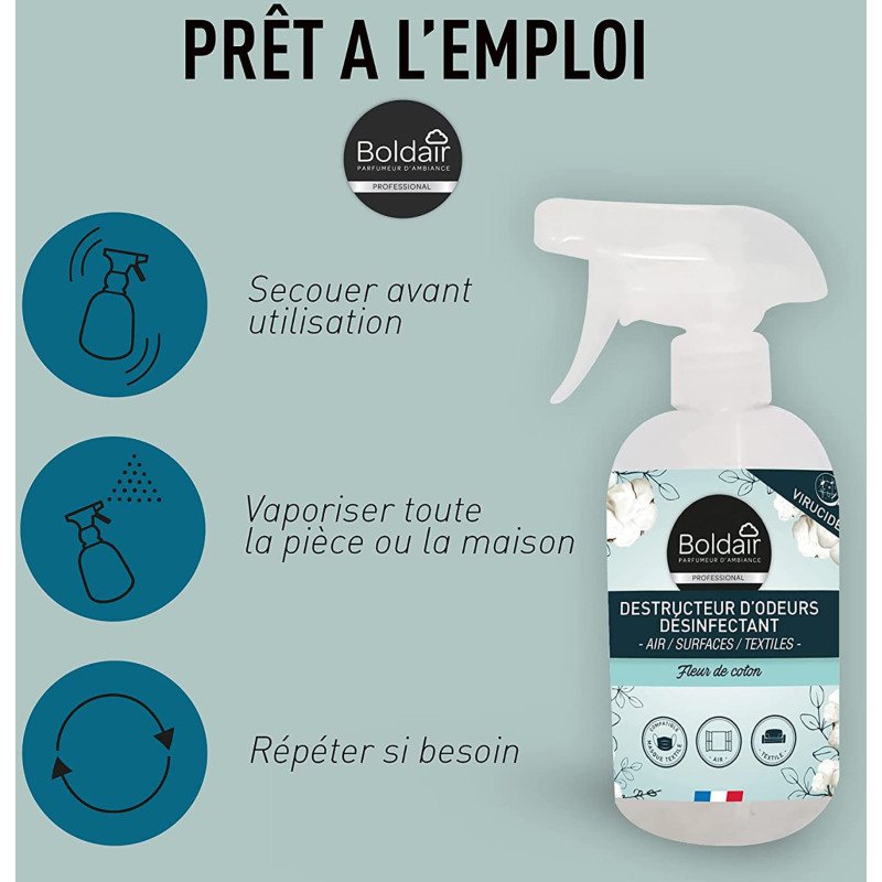 Destructeur d'odeurs désinfectant Boldair Fleur de coton - Spray 500 ml