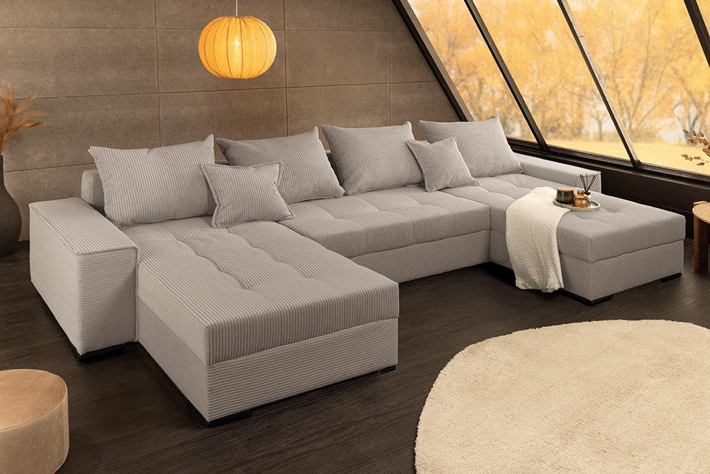 XXL Wohnlandschaft LODGE 315cm greige Cord Sofa mit Schlaffunktion und Stauraum