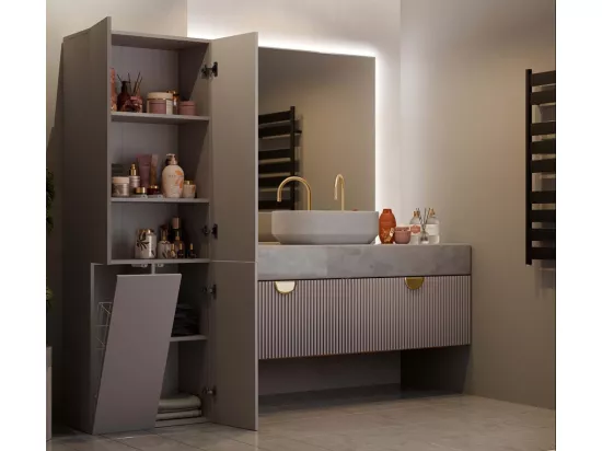 RORY - Armoire de salle de bain avec panier - Dimensions 174x60x30 - Meuble de rangement salle de bain espace buanderie - Gris