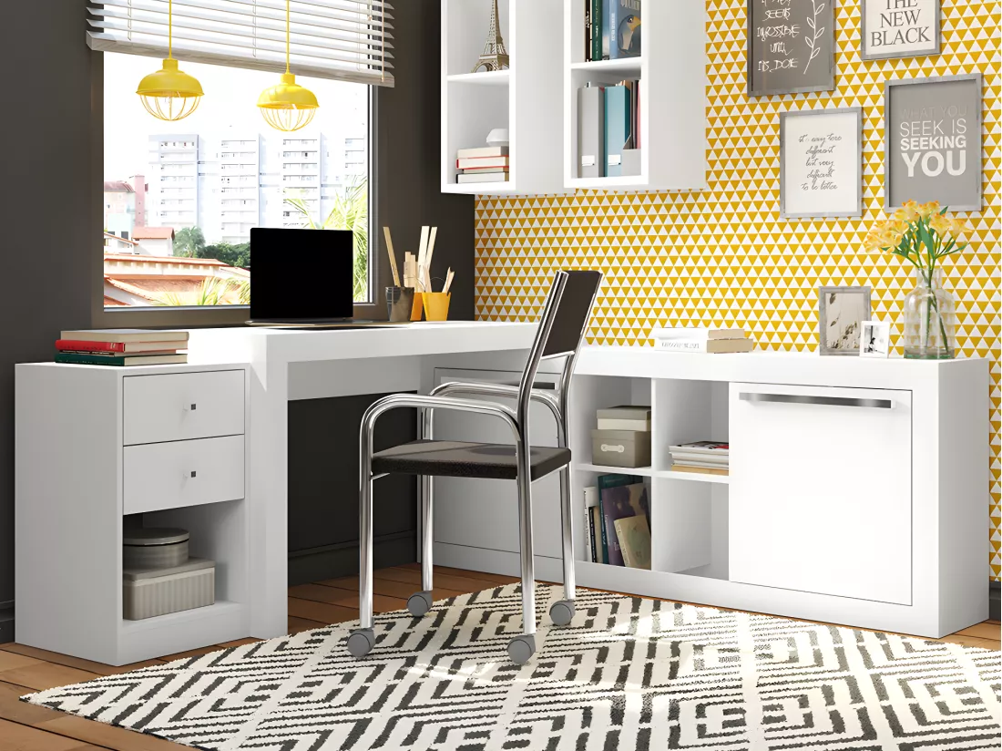Bureau d'angle - 2 tiroirs et 2 portes - Coloris : Blanc - EVAN