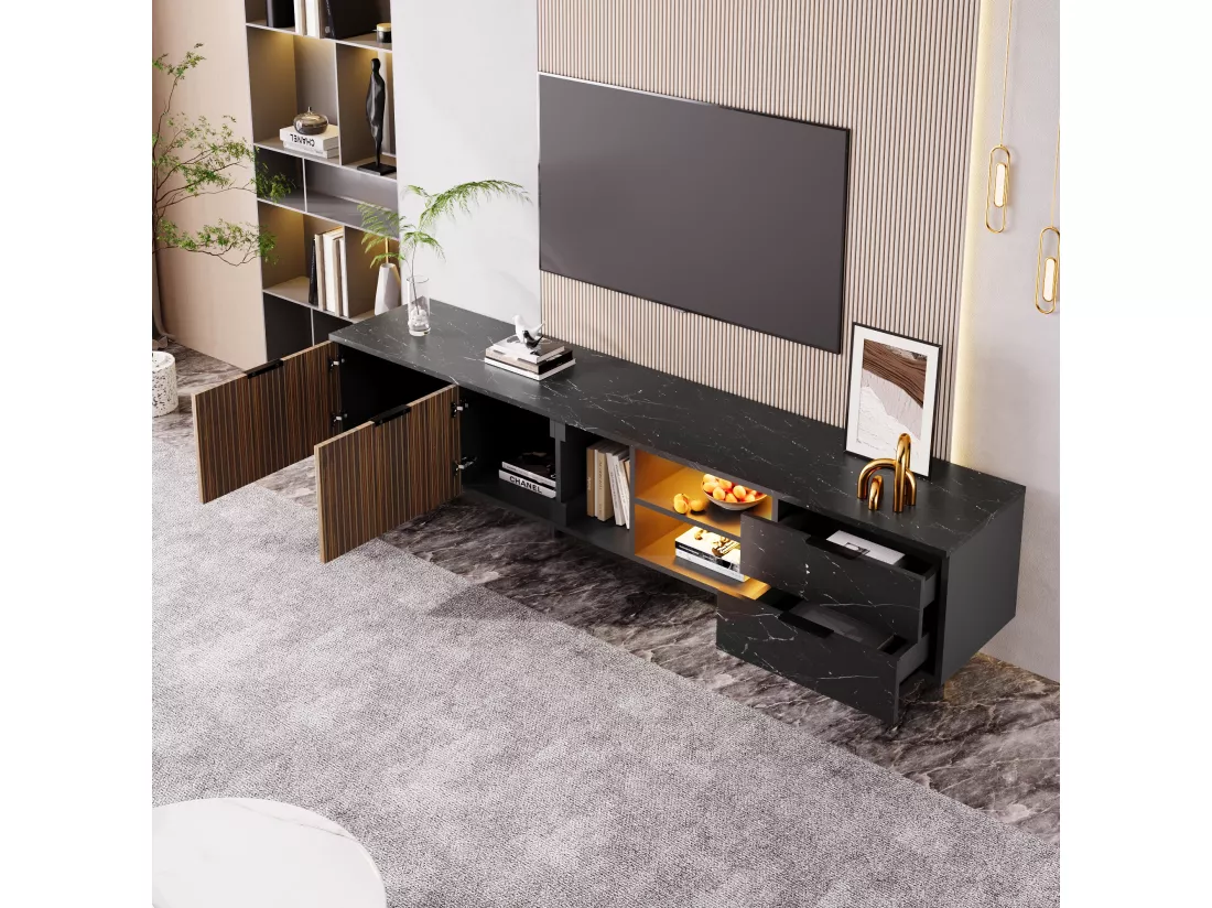 Meuble TV avec 2 portes, 2 tiroirs et 2 niches - 200 x 38 x 50 cm - LEDs - Bois MDF - Noir + bois