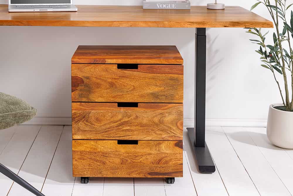 Massiver Rollcontainer MAKASSAR 60cm braun stone finish Sheesham mit Schubladen