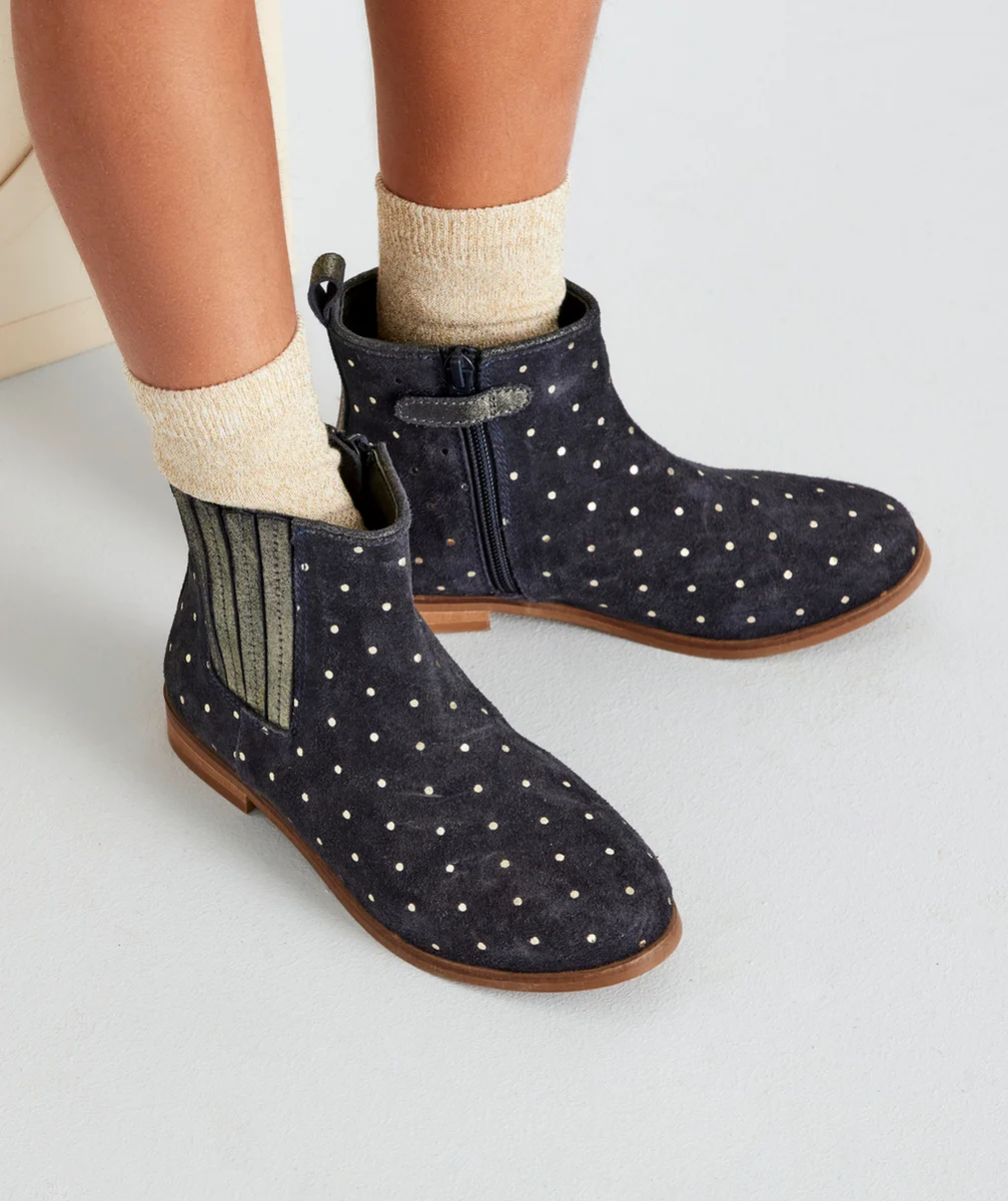 BOTTINES FILLE EN CUIR BLEU MARINE AVEC POIS COULEUR DORÉE