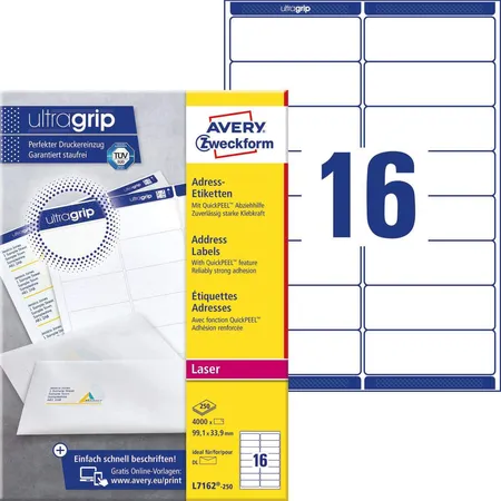 Avery Zweckform L7162-40 Adress-Etiketten,A4 mit ultragrip,99,1 x 33,9 mm, 40 Bogen/640 Etiketten, weiß