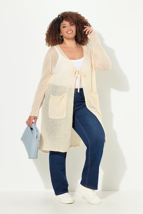 Long-Strickjacke, Bindeband, V-Ausschnitt, Rollkanten