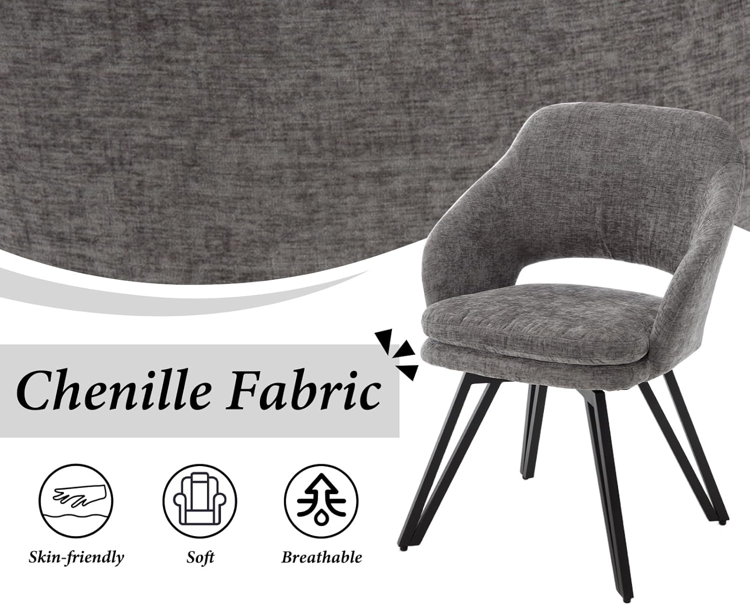 Esszimmerstühle 2er Set Drehstuhl mit Armlehnen Küchenstühle mit Metallgestell, Chenille, Grau