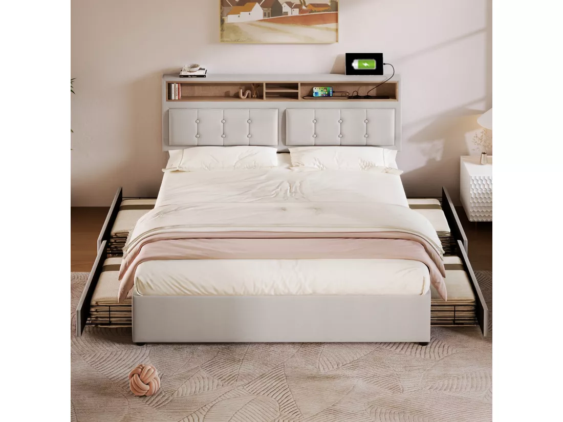 Lit avec tête de lit réglable - 140 x 200 cm - 4 tiroirs, étagères et prise USB C - tissu lin - coloris beige
