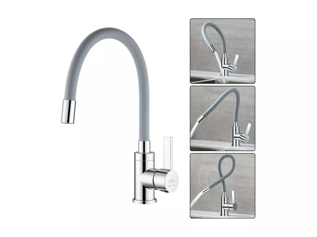 Mitigeur de Cuisine Flexible, Robinet Cuisine Pivotant à 360°, avec Tuyau en Silicone Flexible, Robinet Evier Eau à Chaude et Froide (Gris)