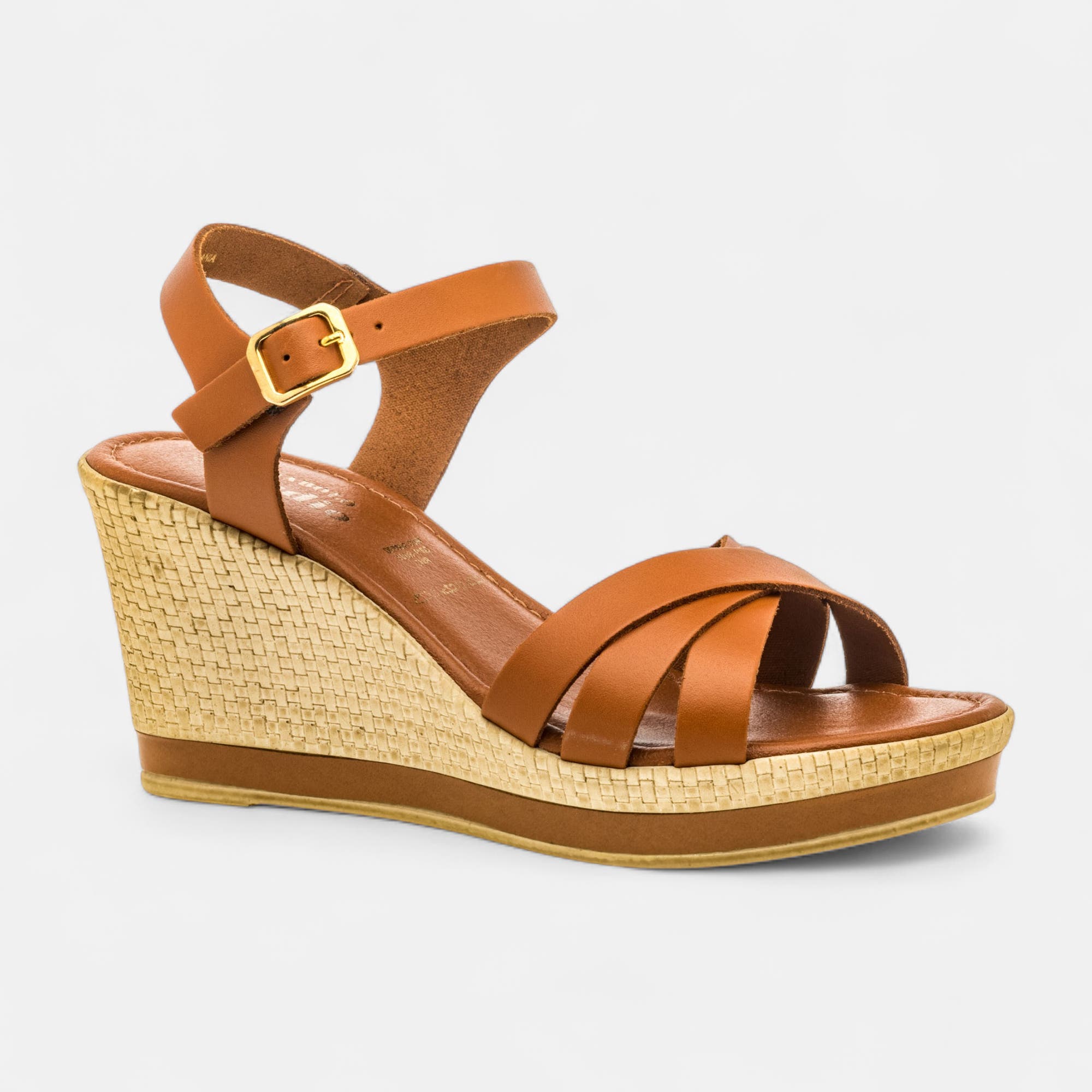Nu-pieds à talon compensé Femme en cuir cognac