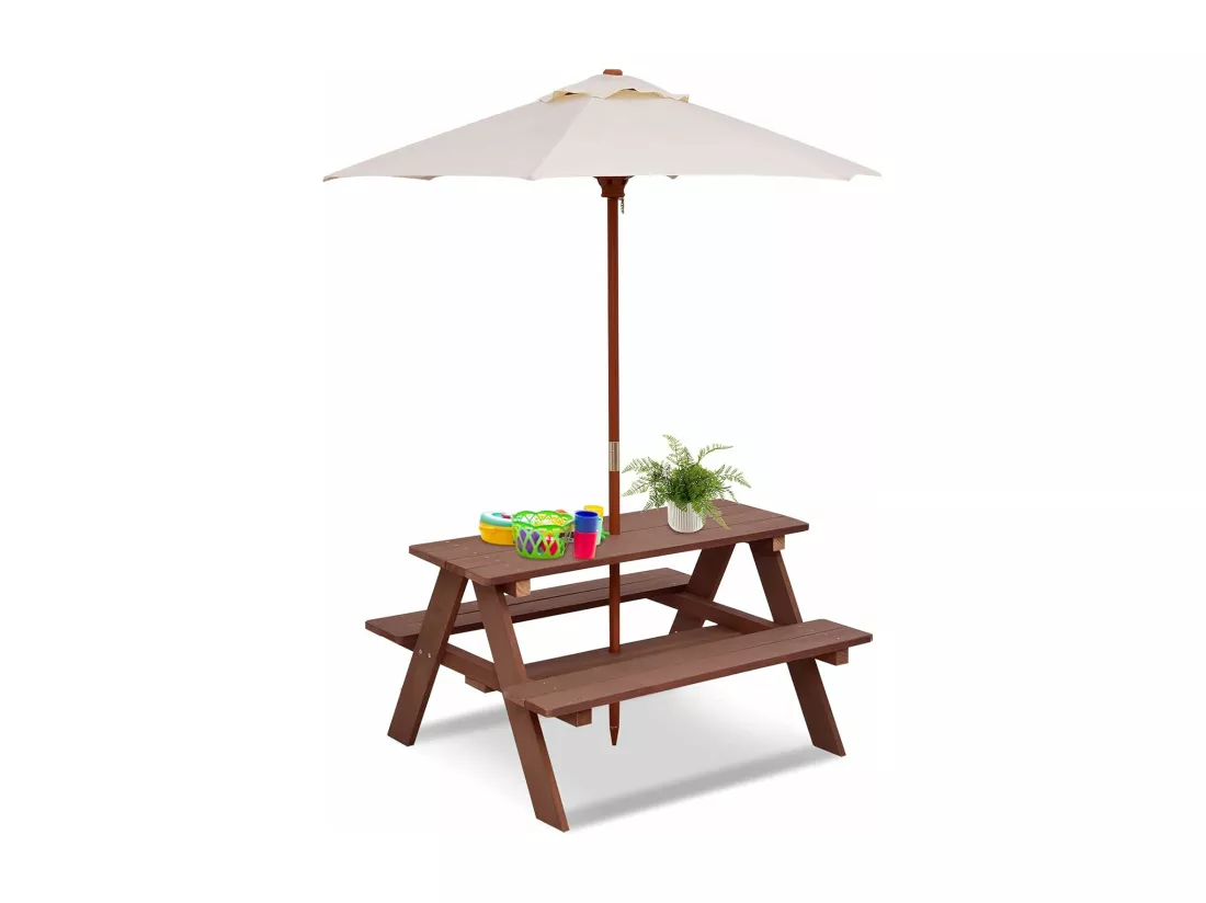 Table de Pique-Nique Enfants en Bois avec Parasol Amovible 89x79x50cm, Table d’Activités Enfants avec 1 Table et 2 Bancs pour Jardin Terrasse Patio (Naturel)