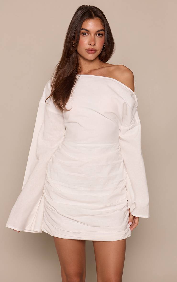 Blanc Robe Moulante Froncée À Encolure Bateau Effet Lin