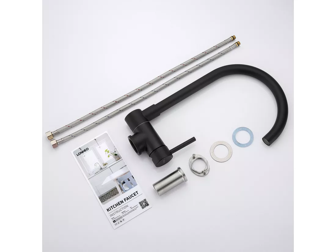 Lonheo Max Mitigeur Cuisine Rabattable Noir,Robinet Cuisine Pliable Contre Fenêtre en Acier Inox 304, Robinetterie Cuisine Pivotant à 360°,EU Modèle