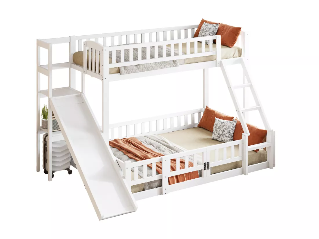 Lits superposés 140 x 200 cm + 90 x 200 cm avec toboggan, étagères et barrières de protection - Pin+MDF - Blanc (sans matelas)