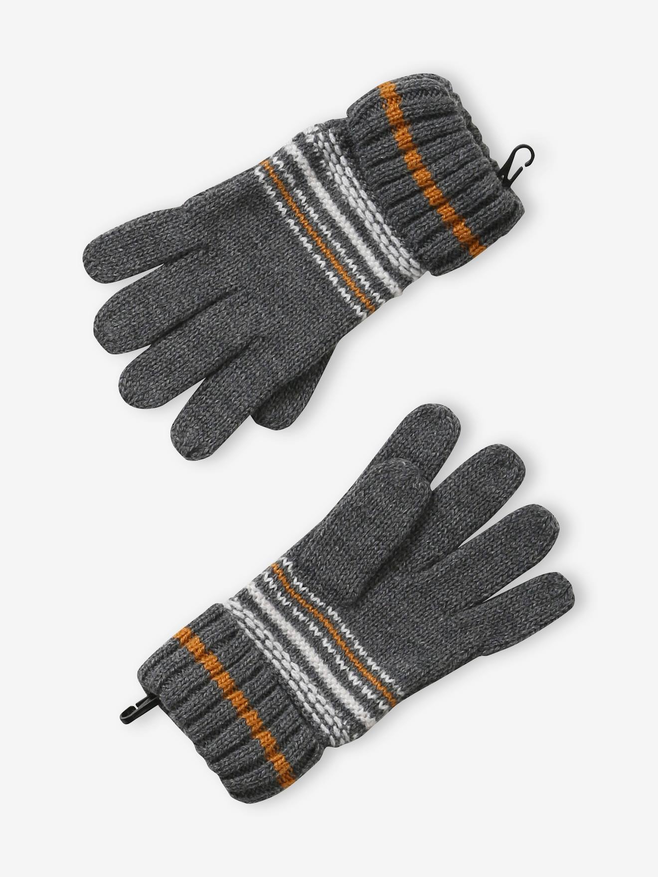 Conjunto de gorro + cachecol tubular + luvas de tricô jacquard, para menino, cinza médio bicolor/multicolorido
