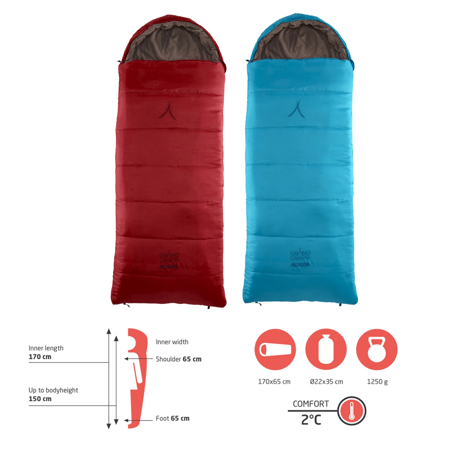 GRAND CANYON Kinderschlafsack Utah 150 Kids Mumien Jugend Winter Schlafsack +2°C Farbe: Red Dahlia