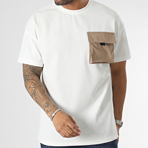 Tee Shirt Oversize Large A Poche Blanc Marron