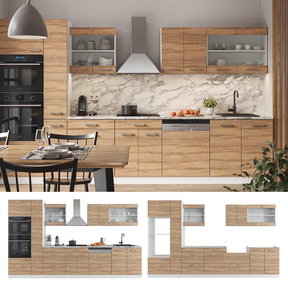 Vicco Küchenzeile Küchenblock Einbauküche R-Line 350 cm Weiß Sonoma Arbeitsplatte