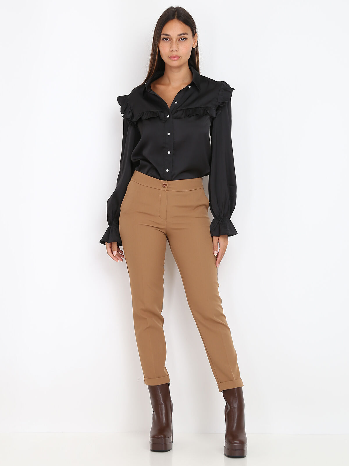 Pantalon à pinces avec ourlet- Camel