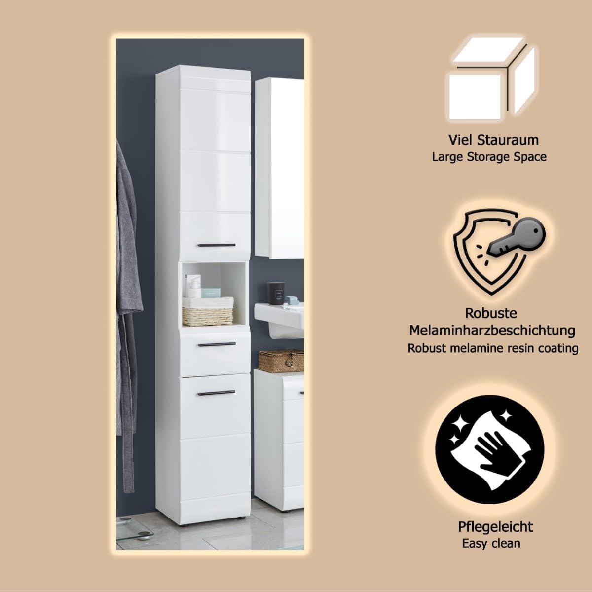 trendteam smart living - Skin - Hochschrank - Weiß/Weiß Hochglanz - 5 Fächer, eine Ablage und eine Schublade - (BxHxT) 30 x 182 x 31 cm - 2 verstellbare Einlegeböden - Kratzfest