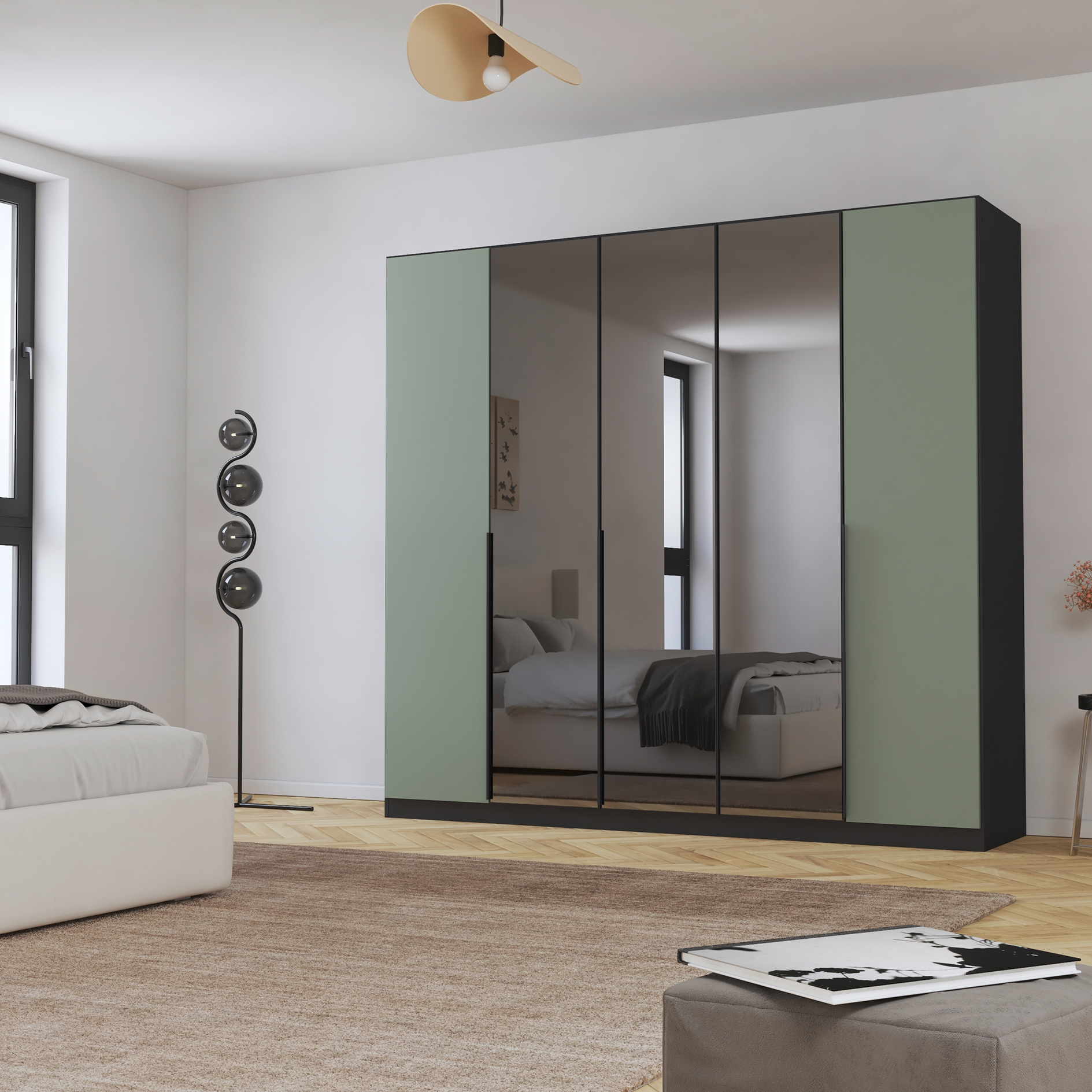Drehtürenschrank - grau metallic-salbei - 226 cm - 5-türig