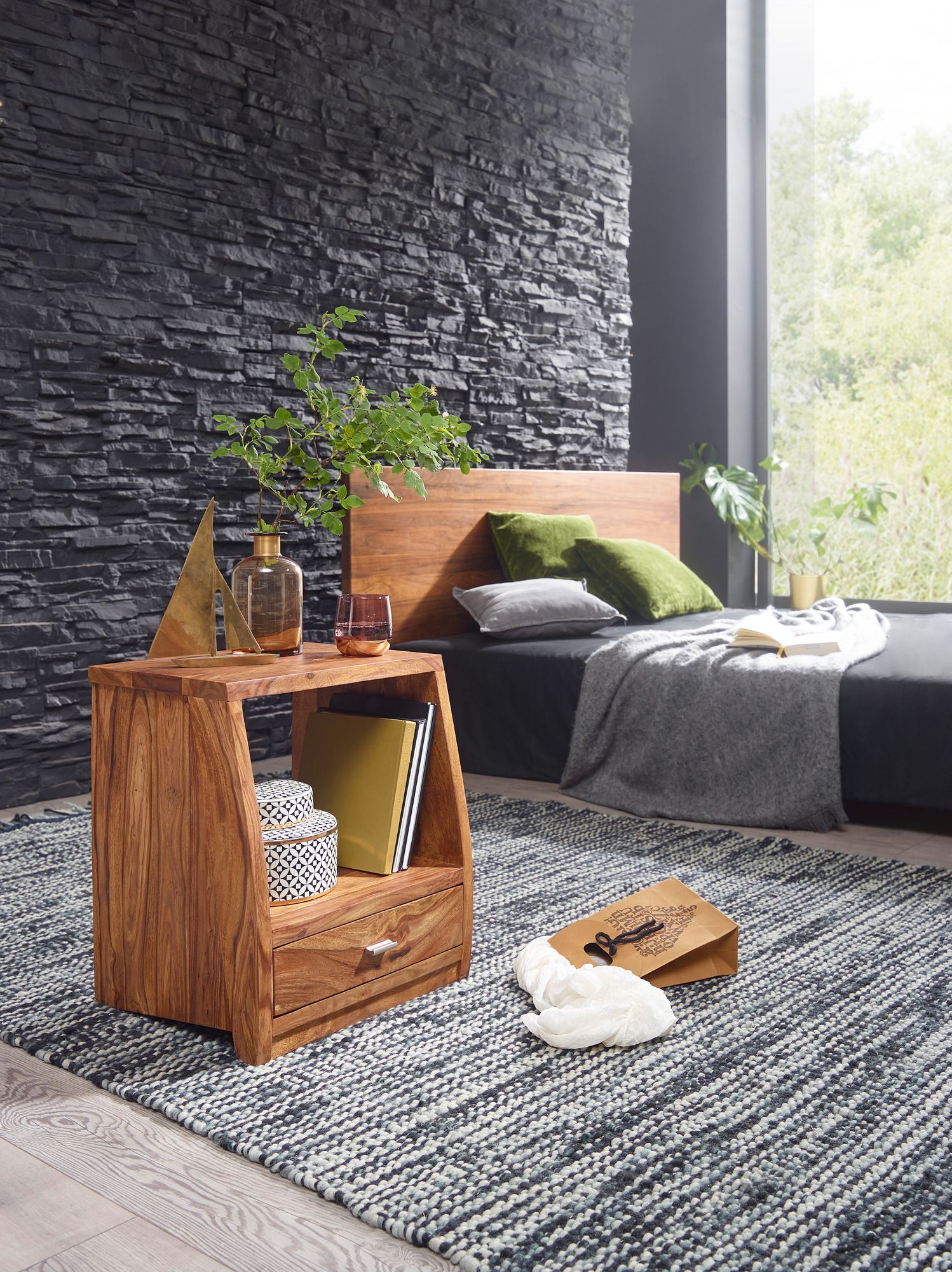 FineBuy Sheesham Massivholz Nachtkonsole 1 Schub Nako Nachttisch Nachtkästchen