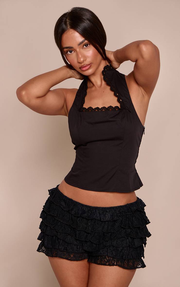 Noir Top Ajusté Sans Manches À Col Broderie Cœur Petite