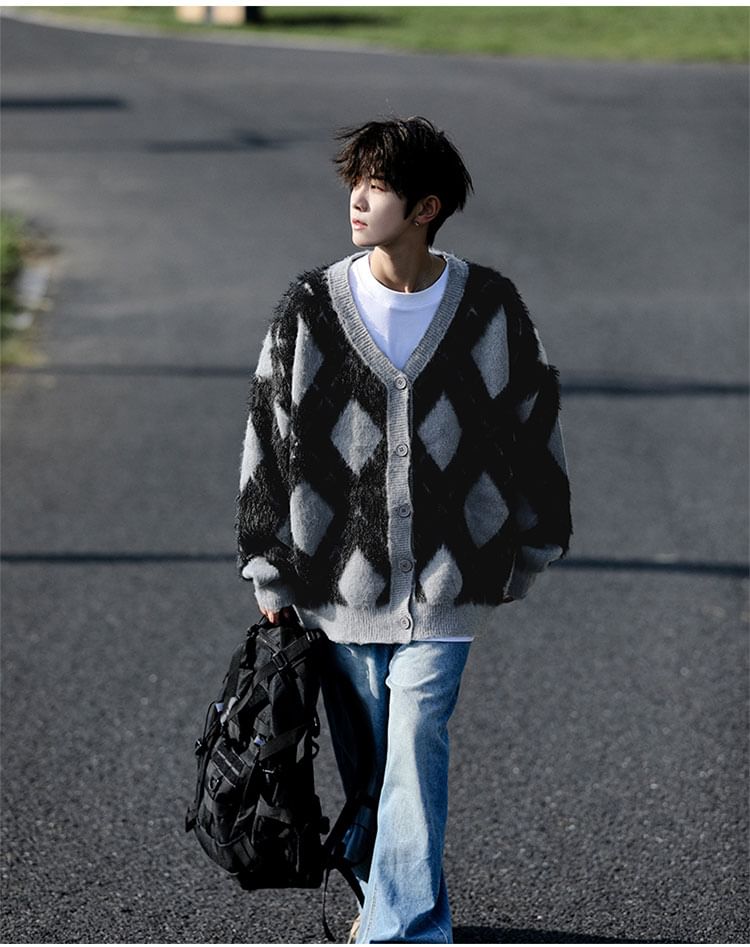 Whyessa - V-hals Argyle Fluffy Cardigan