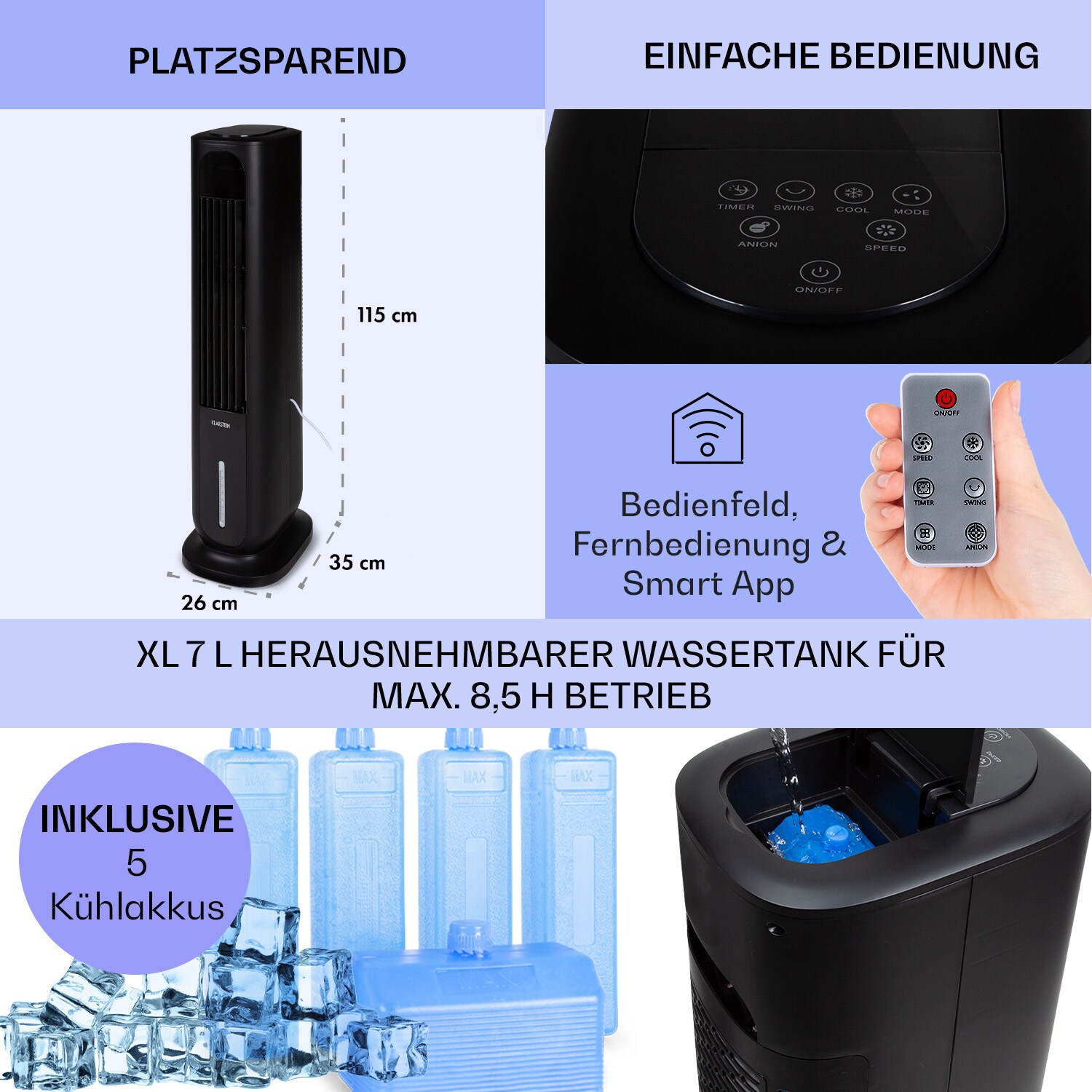 Polar Tower Smart Ventilator Luftkühler 7L 85W Fernbedienung Eispack Schwarz