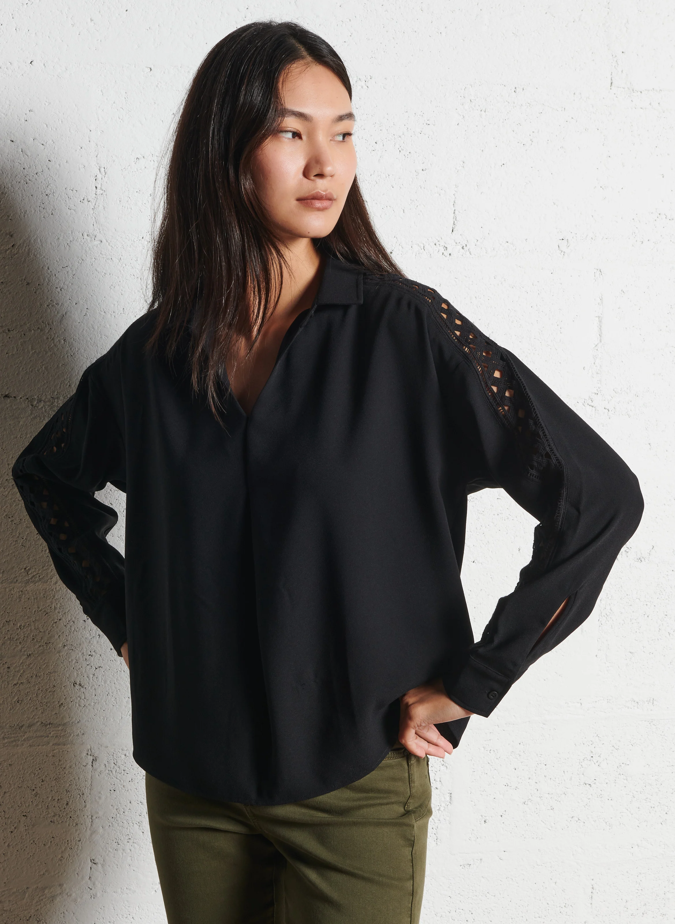 Blouse ample à dentelle| Noir