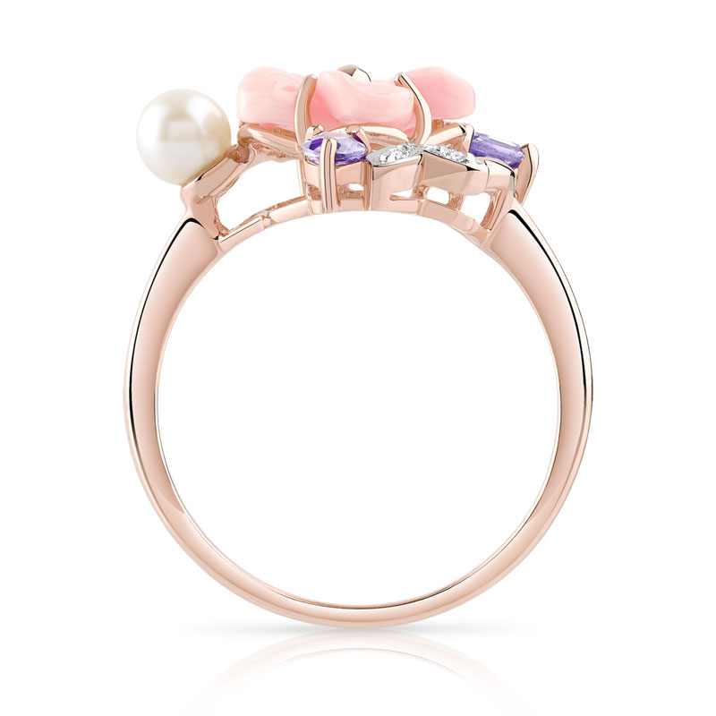 Bague or 375 rose fleur pierres fines diamants perle de culture de Chine et nacre rose