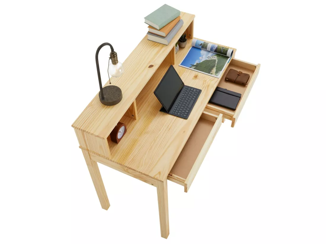 Bureau LENNOX avec rangement 2 tiroirs et 3 niches, en pin massif recouvert d'un vernis naturel