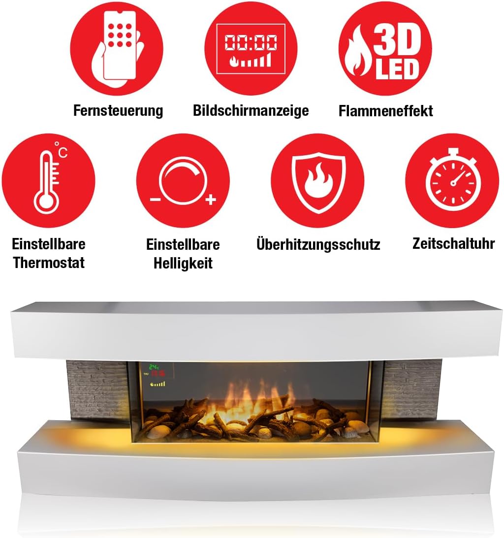 Elektrokamin Montreal Elektrischer Kamin 2000W - mit Heizung und Kaminfeuer - Deko Kamin mit LED - Einstellbarer Thermostat - Inkl. Fernbedienung - Weiß