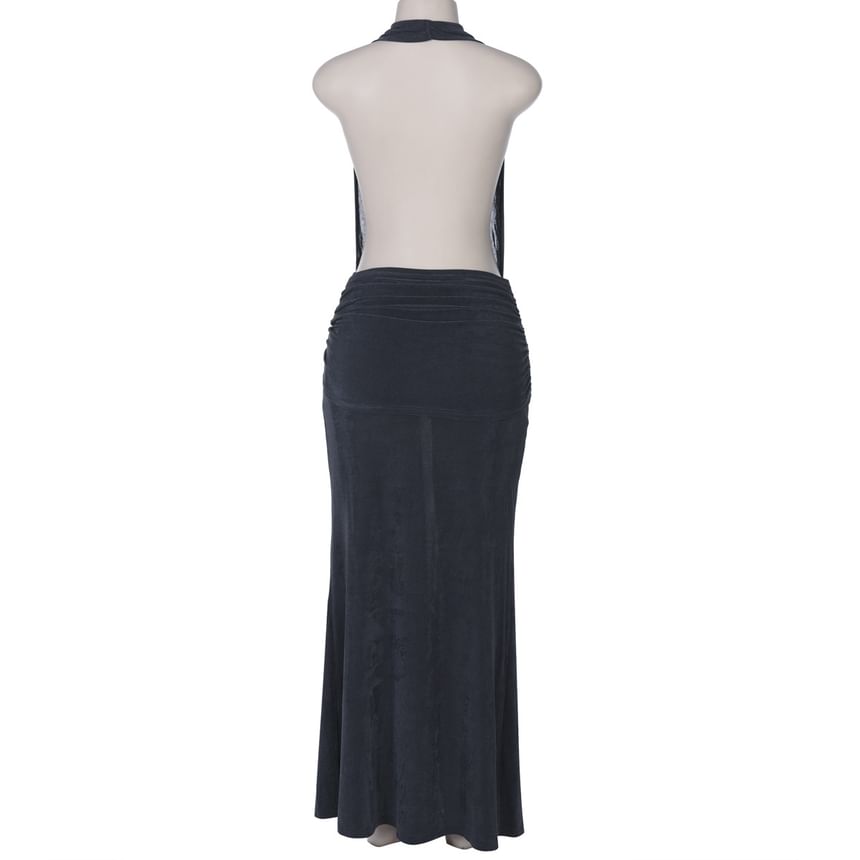 Sosana - Halterhals Effen Rugloze Maxi Bodycon Jurk