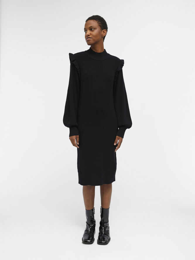 Object OBJMALENA L/S RUFFLE KNIT DRESS NOO Black