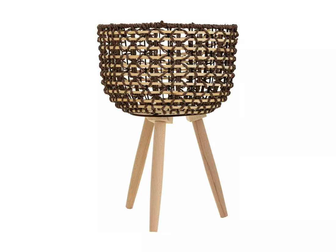 Cache-pot en bois, métal et corde de papier marron d29,5x19/42h