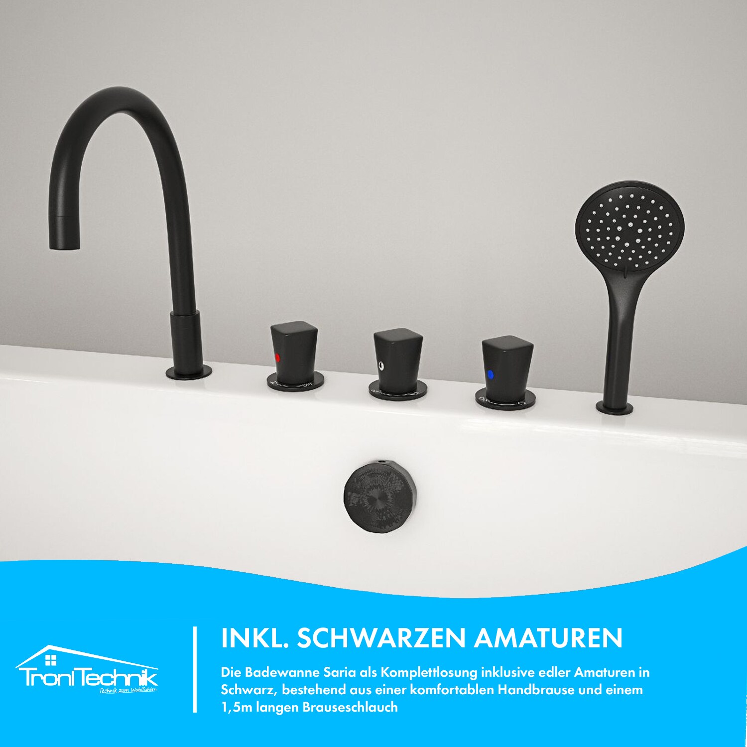 TroniTechnik® Badewanne SARIA Maße ca. 170 x 80 x 58cm Wanne, inkl. schwarze Armatur - Füllmenge 195 Liter,Acryl, Siphon
