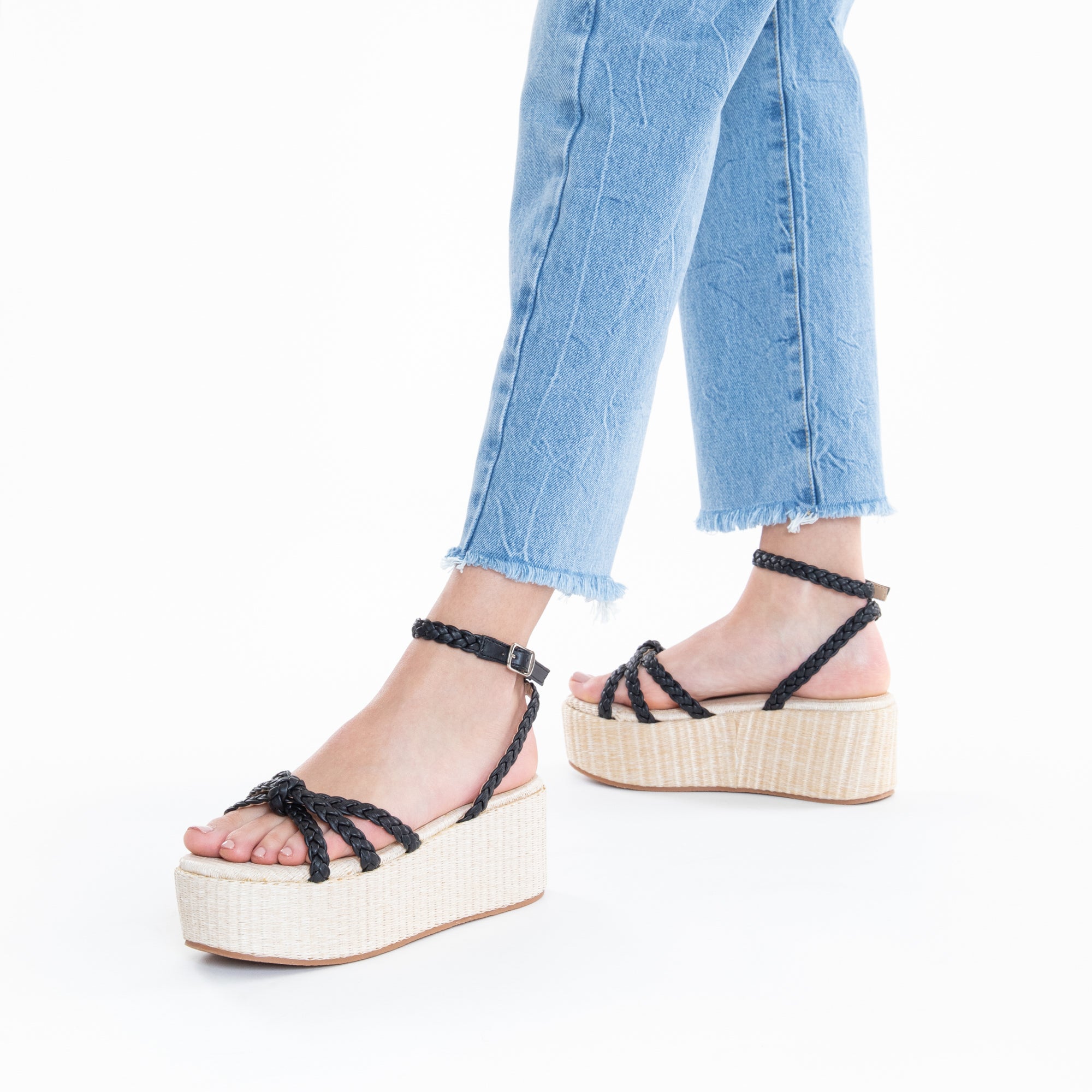 Sandales à talon, Compensées-Sandales à plateforme et brides tressées Catalina noires