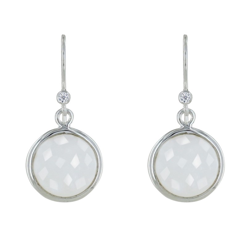Boucles d'Oreilles Crochet Argent Avec Strass Sphère d'Agate Blanche