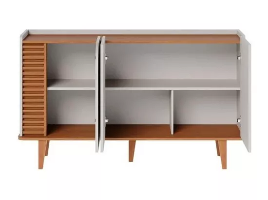Buffet Bas 3 Portes 5 Niches Blanc et Chêne 5 Pieds Bois L 136 H 79.2 P 39.3 cm