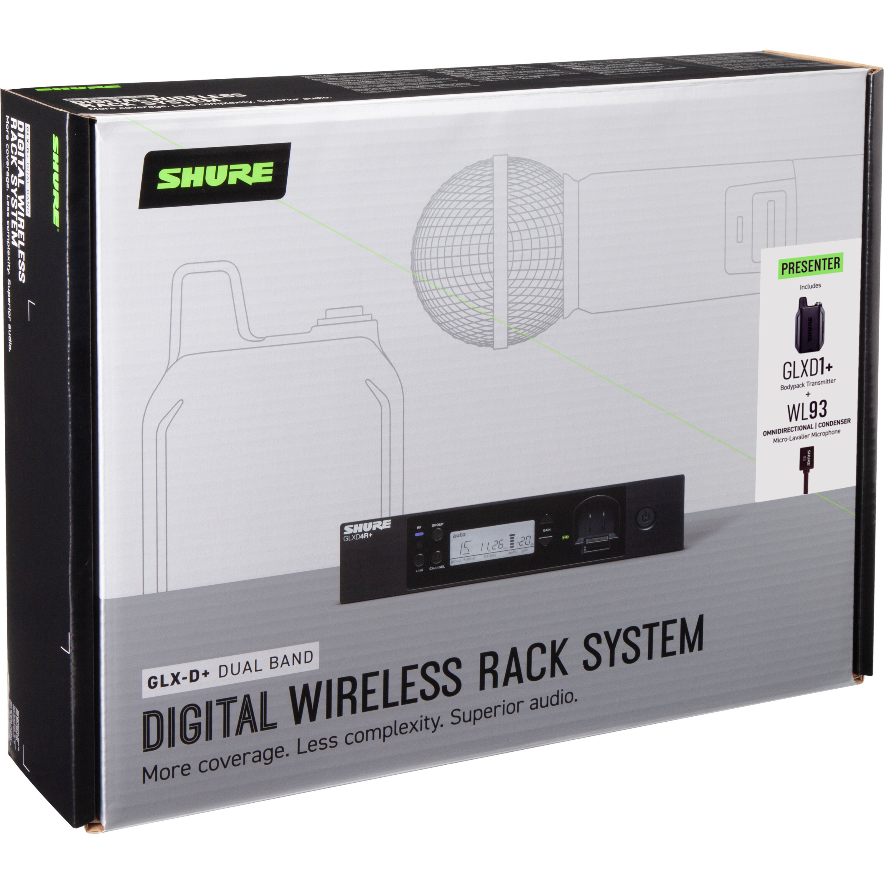 Shure GLXD14R+/93 digitaal draadloos racksysteem met WL93-dasspeldmicrofoon