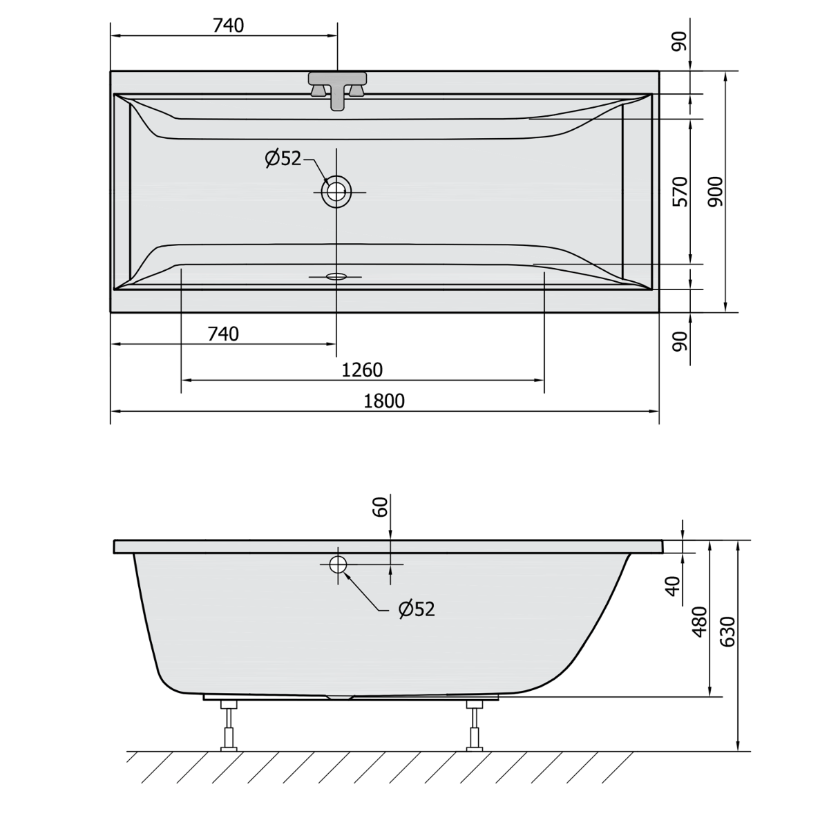 Polysan Cleo ligbad 180x90x48cm donkergrijs