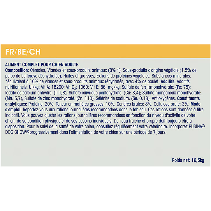 Croquettes chien adulte Purina Dog Chow Poulet 14 + 2.5 Kg offert
