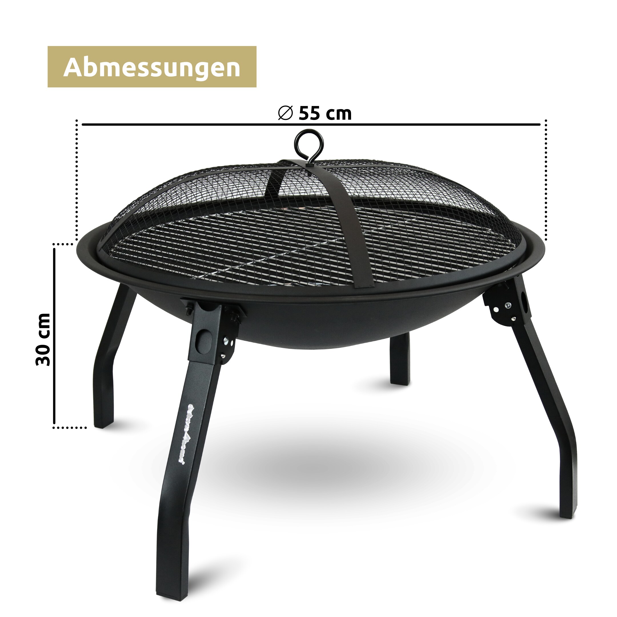 deluxe4home® Feuerschale XL I Grillrost + Funkenschutzdeckel I 55 cm Durchmesser, schwarz