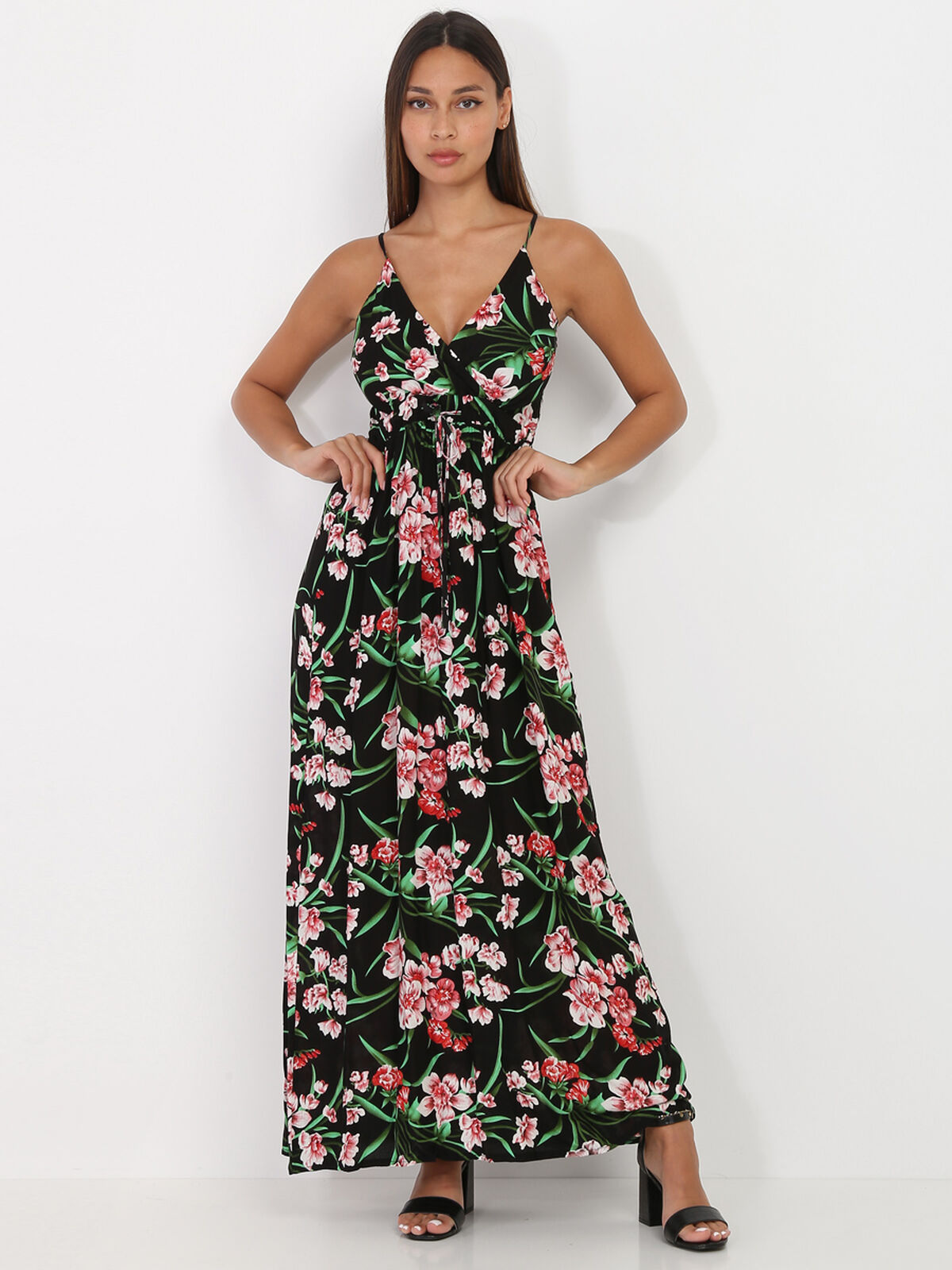 Robe longue à motifs fleurs et feuilles- Noir