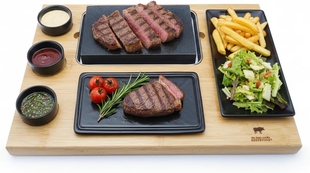 Heißer Stein Lavastein Steak-Brett Modell EVO, mit Teller in Schieferoptik, 3 Dipschalen und einer Beilagenplatte, 8-Teilig, Hot Stone Steak