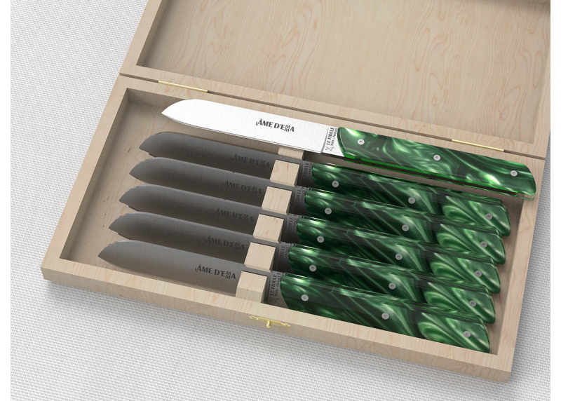Service de 6 couteaux de table avec un manche en Madreperlato Vert et lame en acier inoxidable