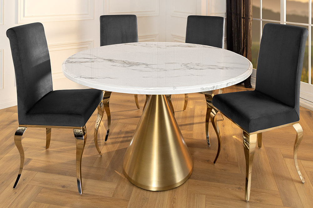 Runder Esstisch ELEGANCIA 130cm weiß Marmor gold Metall mit Säulenfuß