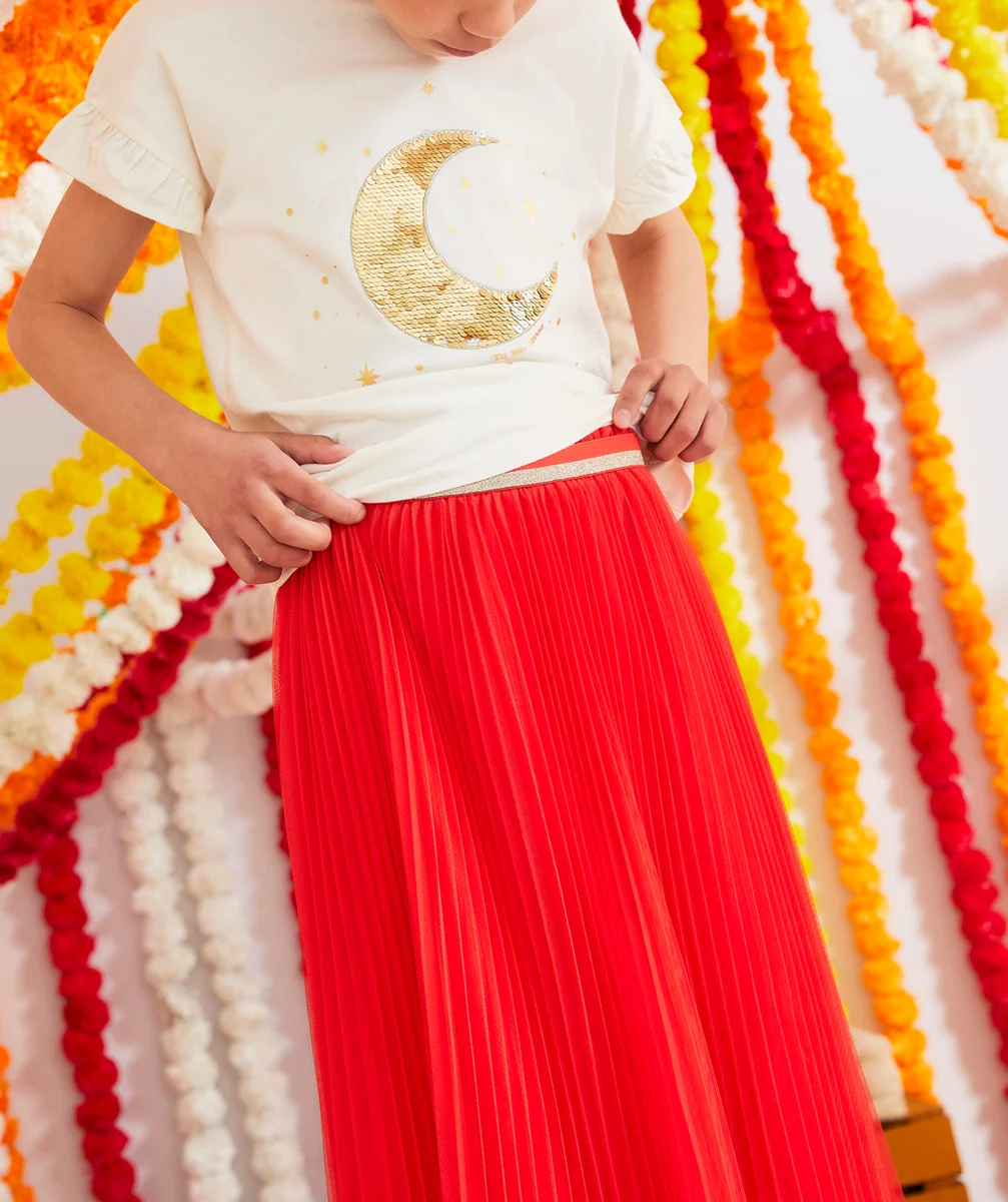 JUPE LONGUE FILLE ROUGE EN TULLE PLISSÉE