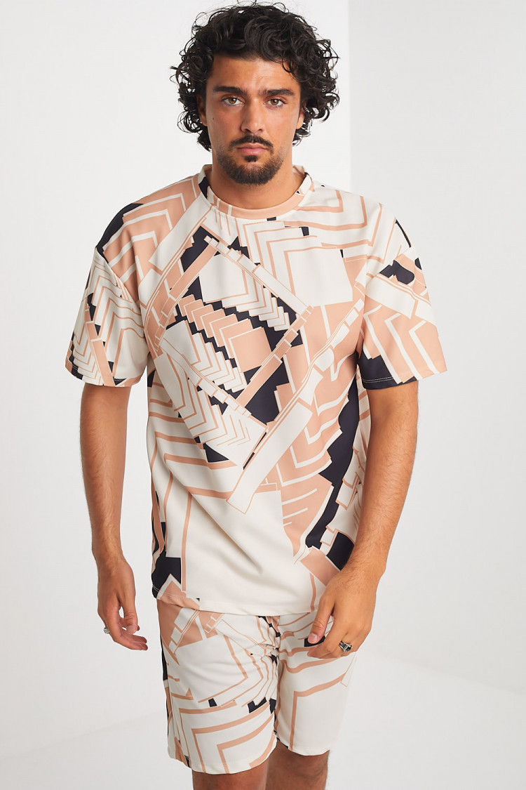 Ensemble 2 pièces t-shirt + short à motif géométrique tricolore